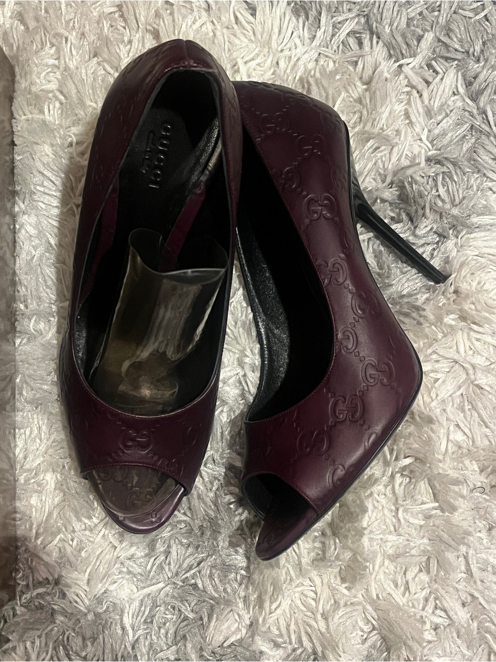 Gucci Plum Embossed Leather Peep-Toe Stilettos
